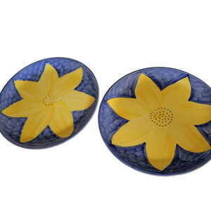 Daisy Sunflower Happy Royal Blue Yellow Plates Handpainted? So Adorable Set of 2